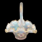 Fenton Art Glass French Opalescent Hand Painted Basket With Ribbon Candy Edge