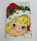 Vintage Mid Century Christmas Greeting Card Cute Pixie Girl Rust Craft Santa Hat