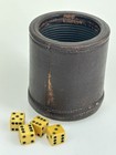 Vintage Brown Leather Stitched Ribbed Shaker Cup 4 Butterscotch Bakelite Dice
