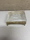 Vintage Glass Casket Vanity Jewelry Trinket Box In Gold Tone Metal Stand