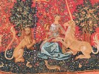 Vintage French Tapestry Wall Hanging  Lady With Unicorn Pictorial Design