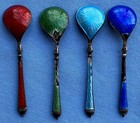 Set Of Four Silver Enameled Salt Spoons As Is