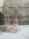 Set Of 2 Small Pressed Glass Bottles Pink Clear Cork Stoppers 5 In