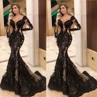 Black Mermaid Evening Dresses Long Sleeve Lace Sequin Train Party Cocktail Gown