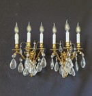 Vintage Antique Pair French Empire Brass Crystal 3 Light Sconces Wall Lights