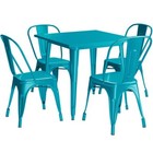 31 5   Square Teal Metal Restaurant Table Set With 4 Chairs For Outdoor Use