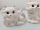 Vintage Lot Of 3 White Ceramic Persian Cat Kitty Green Eyes 1985 Handmade