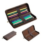 Real Leather Pen Case 10divided Slots Zipper Pencil Pouch Stationery Storage Bag