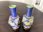 Pair Vintage Mid-century Cloisonn   Geometric Hexagonal Peony Vases W  Stands