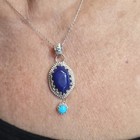 Sterling 925 Oval Blue Stone Pendant Necklace W  Turquoise Dangle  Prong Set