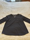Talbots Geometric Polka Dot Blouse Medium M Navy White Black Split Neck Long Slv