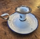 Antique Enamelware French Farmhouse Candleholder White With Blue   Finger Loop