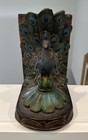 Vtg Art Deco Peacock Bookends Faux Bronze Teal Green Resin Ornate Pair Detailed
