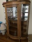 Antique Tiger Oak Curved Glass Front And Sides China Curio Cabinet Original Key