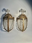 Vintage French Empire Gilt Brass Crystal Beaded Wall Sconce Pair Floral Crest
