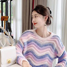 Women Knit Top Sweater Jumper Gradient Striped Hollow Out Long Sleeve Loose Soft