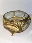 Glass Jewelry Casket Ormolu Beveled 6 Sided Gold Filigree Vanity Box Vintage Htf