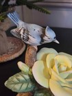 Blue Jay Porcelain Figurine With Yellow Rose On Wooden Base Vintage Mid-century