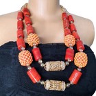 2 Layer Coral Bead Necklace  Earrings Bangle  African Bridal Wedding Jewelry Set
