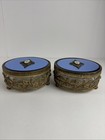 4 Pc  Antique French Victorian Filigree Gold Gilt Cobalt Blue Glass Vanity Set