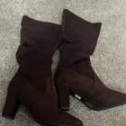 Brown Faux Suede Knee High Slouch Boots Block Heel Round Toe Pull On
