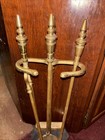 Vtg Mcm Solid  Brass Fireplace Tools Complete Hearth Set 4 Piece W stand