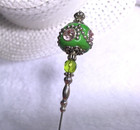 Hatpin With Vintage Hand Made Green Indonesian Ceramic Bead   Crystals - 8 Inch