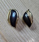 Vintage Gold   tone Black Enamel Leaf Clip   on Earrings   Mid   century Modern   