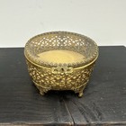 Ornate Gold Gilt Metal Beveled Glass Footed Curio Jewelry Display Trinket Box