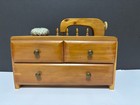 Vintage Wooden Sewing Box For Notions With 3 Drawers Pin Cushion Spool Holders