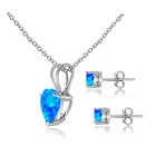 925 Silver Created Blue Opal Heart Solitaire Pendant Stud Earrings Set
