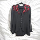 Vintage Fashion Amiga Blouse Womans No Size Tag Black With Red Decor Button Fron