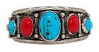 Navajo Old Pawn Solid 925 Sterling Silver Turquoise  Coral Wide 7  Bracelet Cuff