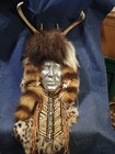 Native American Spirit Mask Wall Hanging metal Face W  Antlers  beads  Unsigned