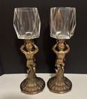 Pair Of Vintage Brass And Crystal Cherub Candle Holders