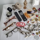 Large Vtg Junk Drawer Lot Pins Glasses Jewelry Electronics Coins 70  Items