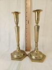Pair Of Engraved Brass Floral Hexagonal Taper Candle Holders 11 In