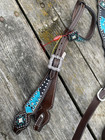 Showman Brown Western Breast Collar headstall Set W teal   Black Aztec Accents