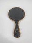 Antique Handheld Vanity Gold Tone Mirror With Tooled Leather Back Floral Design 