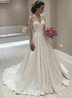 Elegant Wedding Dress Long Sleeve V Neck Lace Applique Sweep Train Bridal Gown