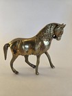 1970s Vintage Brass Horse Figurine Ornate Engraved Saddle Trotting Pose Decor