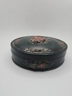 Vintage Dark Green Rose Floral Oval Acrylic Resin Trinket Dresser Box
