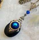 Vintage Necklace Art Deco Lavalier Brass Pendant Black Antique Czech Glass