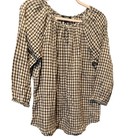 Chaps Womens M Gingham Check Button Neck Casual Tunic Shirt Elastic Cuff Sleeves
