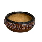 Macadamia Nut Bowl Turned Wood Vessel Seed Bead Leather Trim Artist Signed