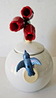 Vintage Ancona Enamel Whistling Tea Pot Kettle Blue Hummingbird Red Tulips Look