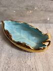 Vintage Mid Century Turquoise Leaf Candy Dish 24 Kt Gold Trim-usa Pottery 9   x 4   