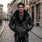 Men   s Black Genuine Leather Aviator Jacket Fur Collar Belted Biker Winter Coat