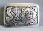 Vtg Signed Native American Sterling Silver Belt Buckle Eagle Sun Face Carved Sc