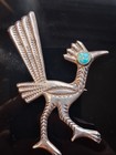 Navajo Old Pawn Heavy Sterling Silver Roadrunner Brooch W turquoise Eye    